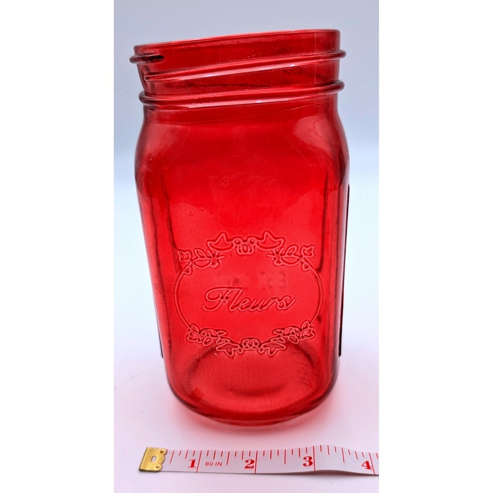 Red Glass Fleurs Mason Jar Vase 24oz Measurement Markings EST 1937 Ruby Decor